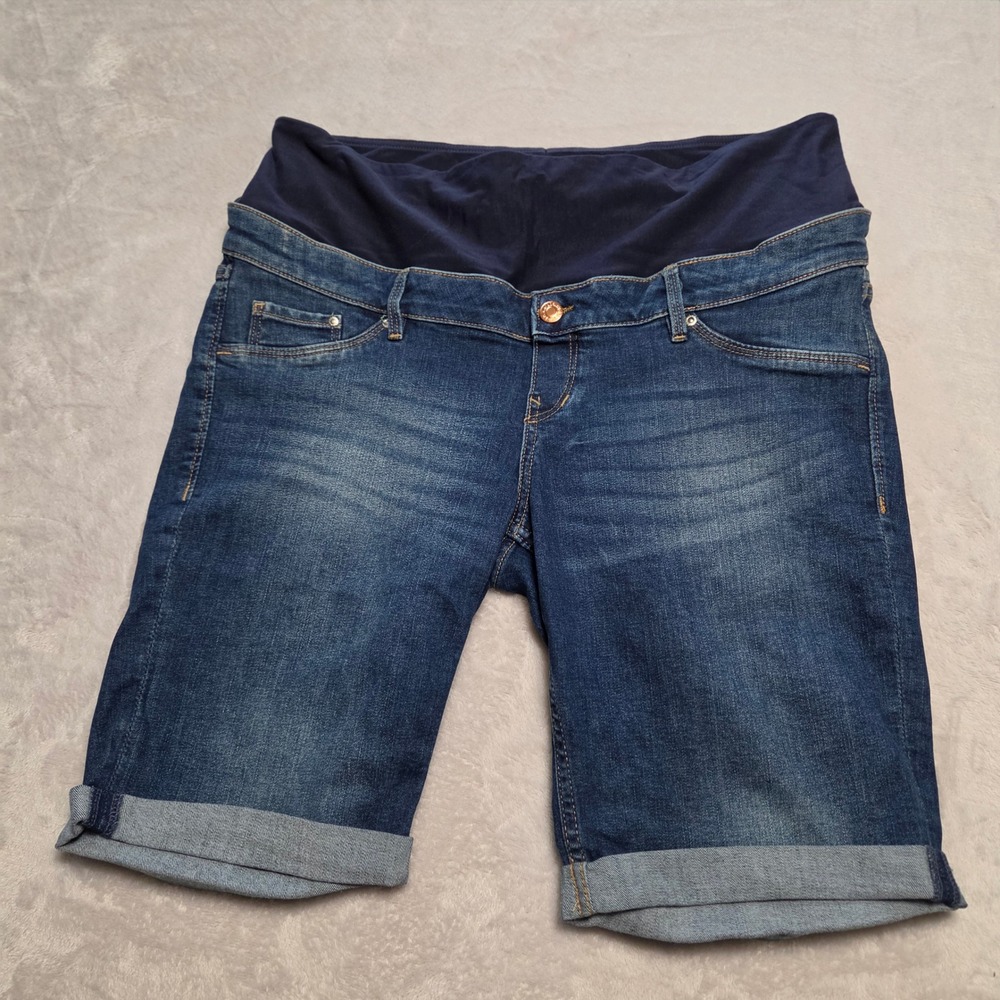 HM MAMA Maternity Denim Shorts Blue Dark Wash Low Rib Size L